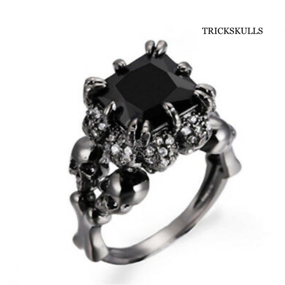 Four Skulls Black Anodized Sapphire Modern Gothic Punk Ring Size 7 8 9 10 New! - Picture 3 of 7
